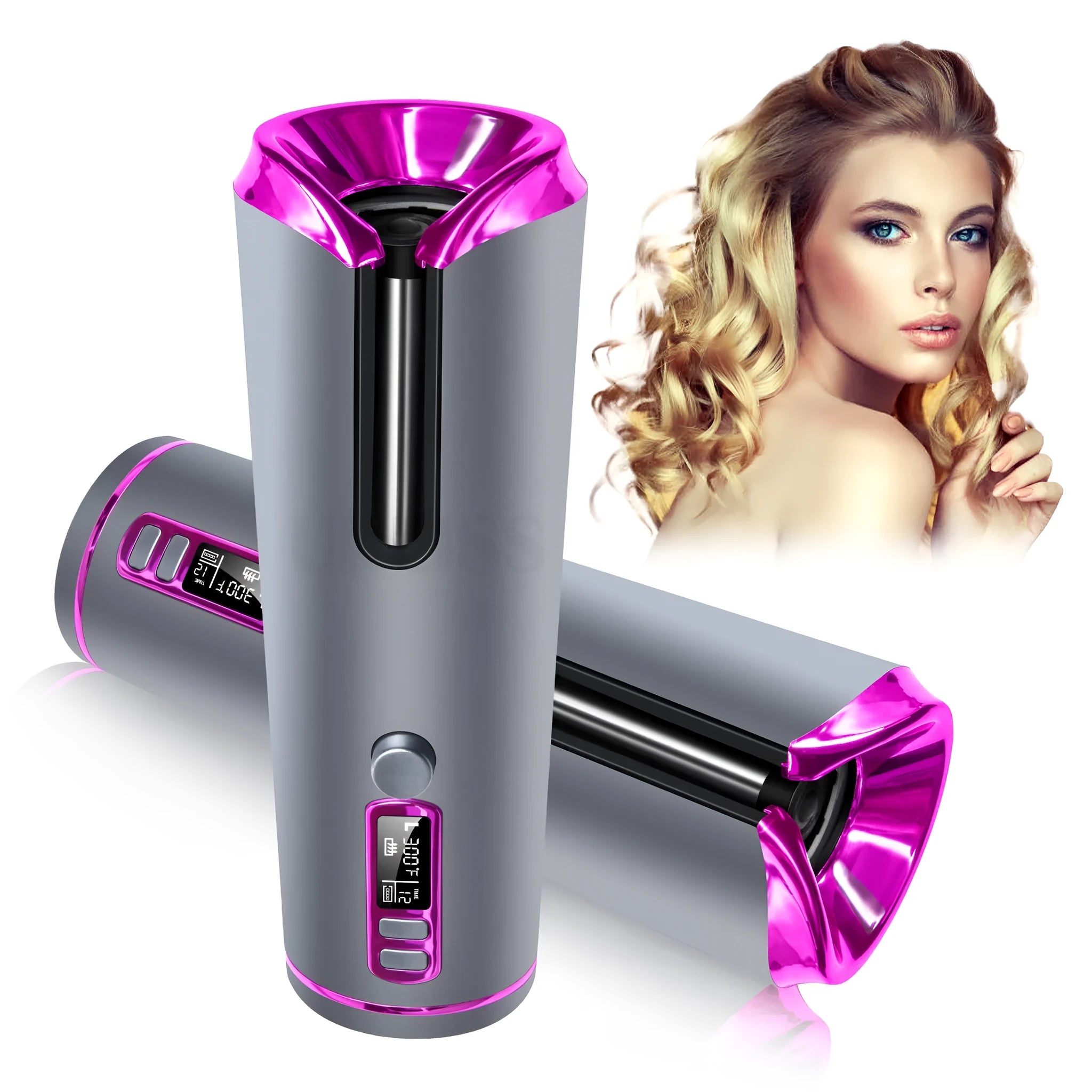 USB charging portable automatic hair curling iron with black and pink body and LCD display