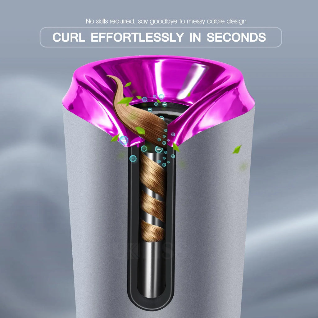 USB charging portable automatic hair curling iron with black and pink body and LCD display