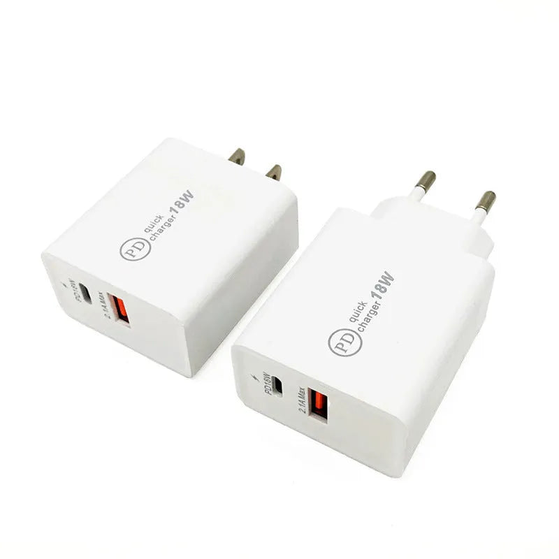 White and black 18W USB-C PD fast wall chargers with US and European plug options