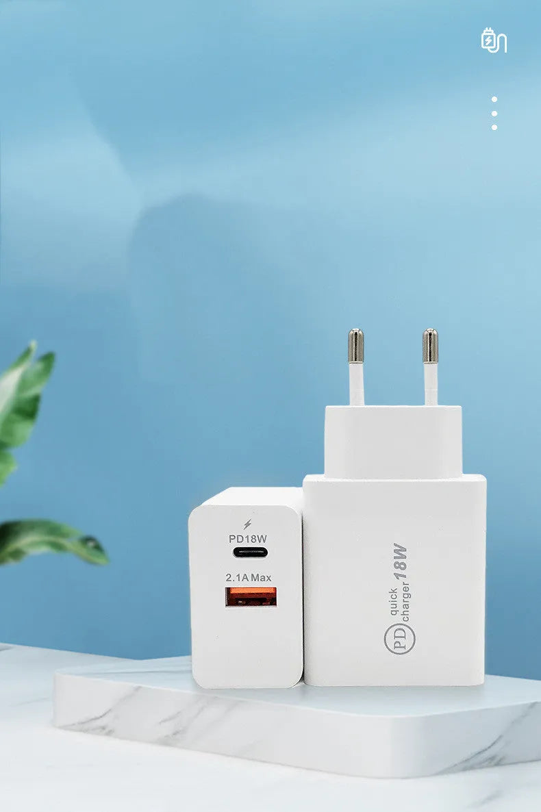 White and black 18W USB-C PD fast wall chargers with US and European plug options