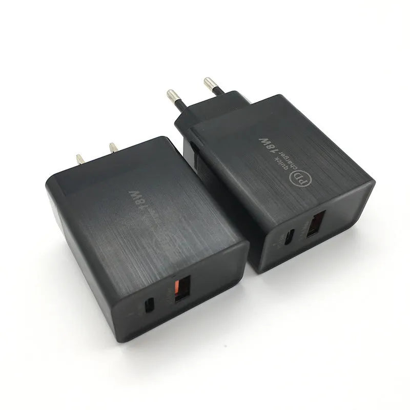 White and black 18W USB-C PD fast wall chargers with US and European plug options