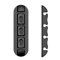 Black soft plastic magnetic desktop charging cable organiser stand on a desk.