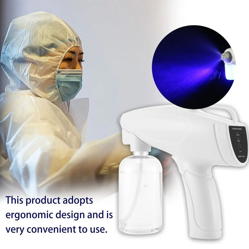 White handheld wireless electric spray disinfection gun with USB charging port