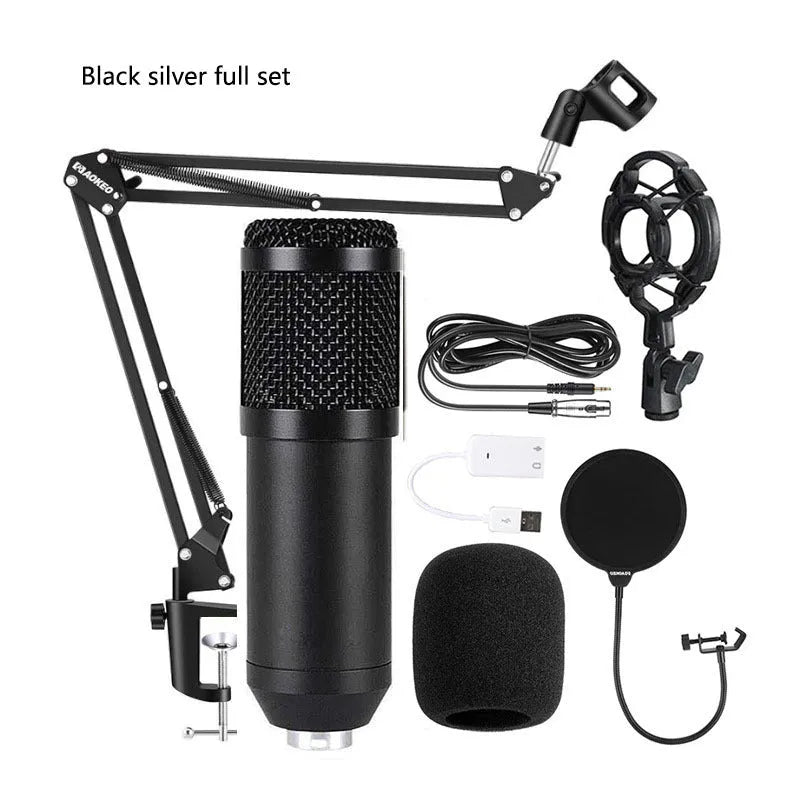 BM800 condenser microphone kit with sound card, metal shock mount, and pop filter on a desk