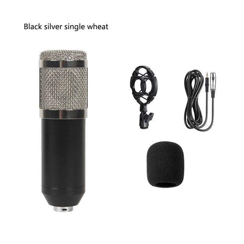BM800 condenser microphone kit with sound card, metal shock mount, and pop filter on a desk