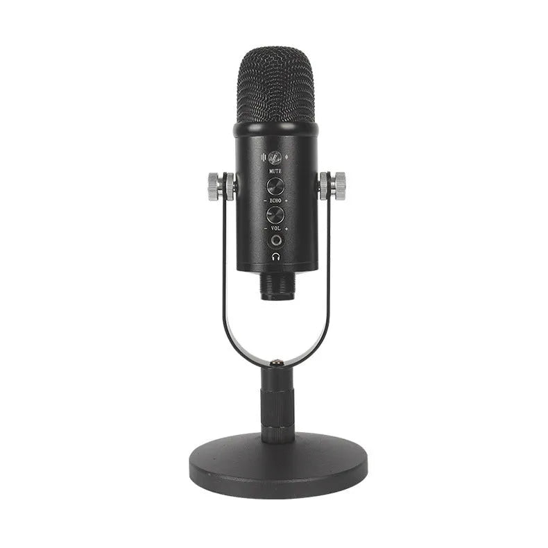 JIY BM-86PRO black USB condenser microphone with metal stand and foam cover on a desktop.