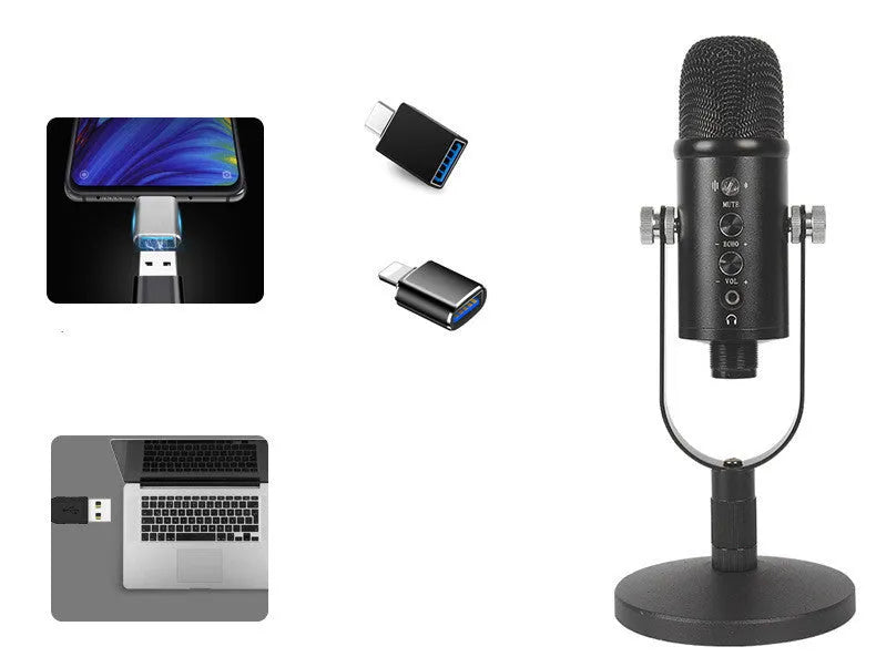 JIY BM-86PRO black USB condenser microphone with metal stand and foam cover on a desktop.