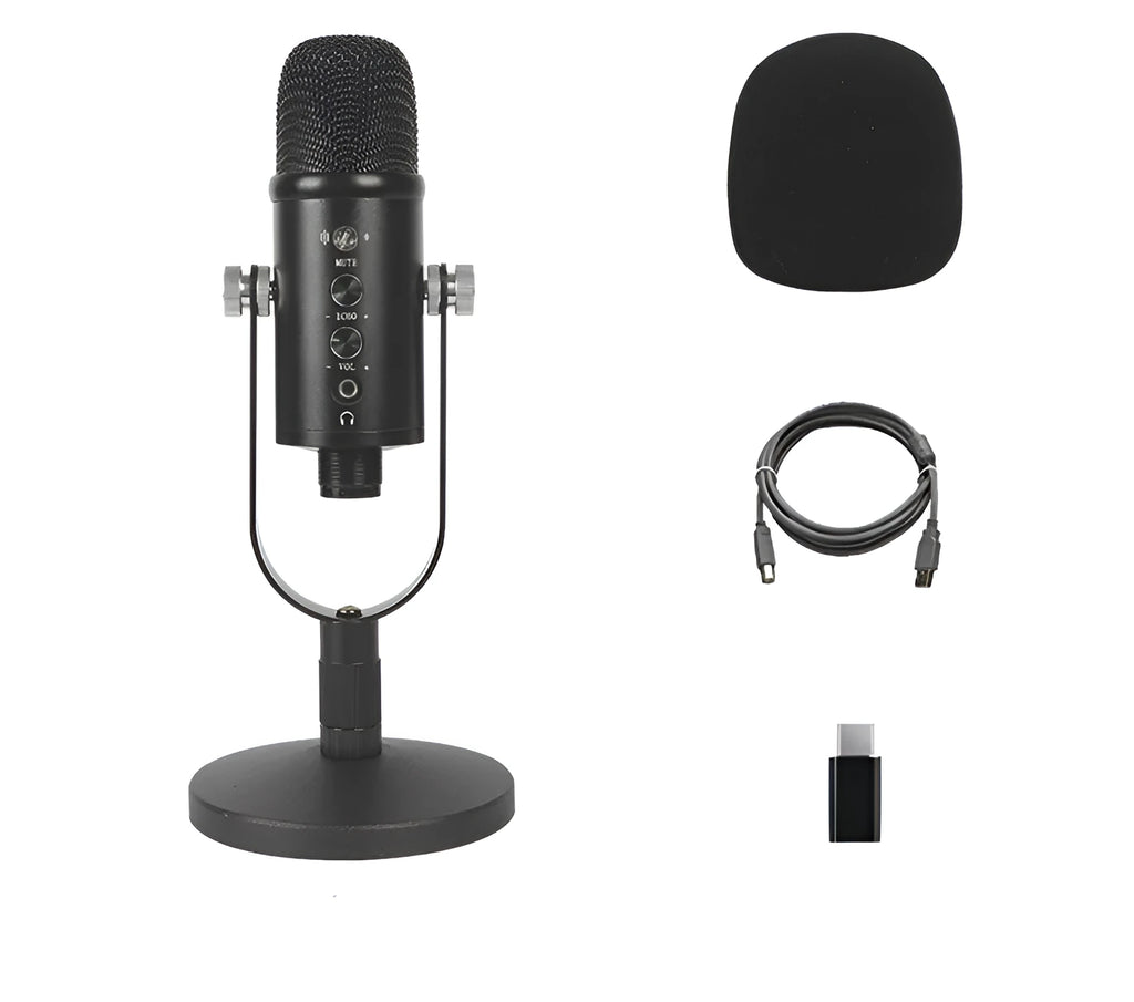 JIY BM-86PRO black USB condenser microphone with metal stand and foam cover on a desktop.