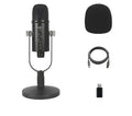 JIY BM-86PRO black USB condenser microphone with metal stand and foam cover on a desktop.