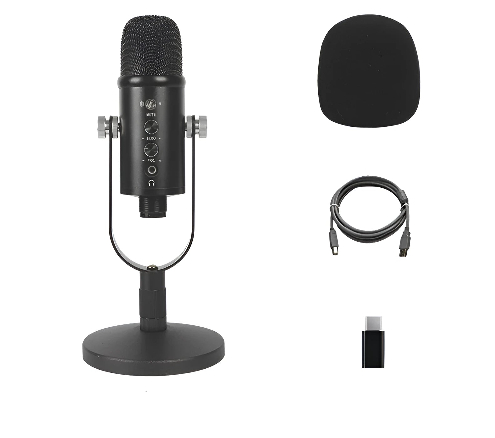 JIY BM-86PRO black USB condenser microphone with metal stand and foam cover on a desktop.
