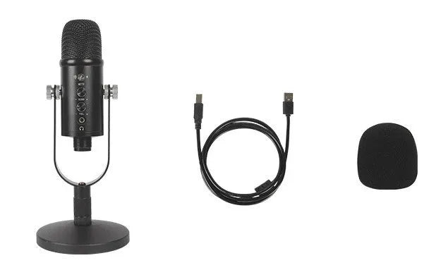 JIY BM-86PRO black USB condenser microphone with metal stand and foam cover on a desktop.