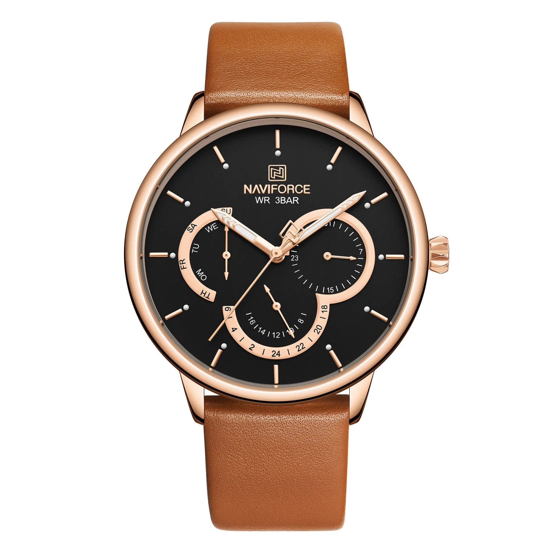 Men's waterproof quartz belt watch with multi-function calendar and 24-hour indication, black dial