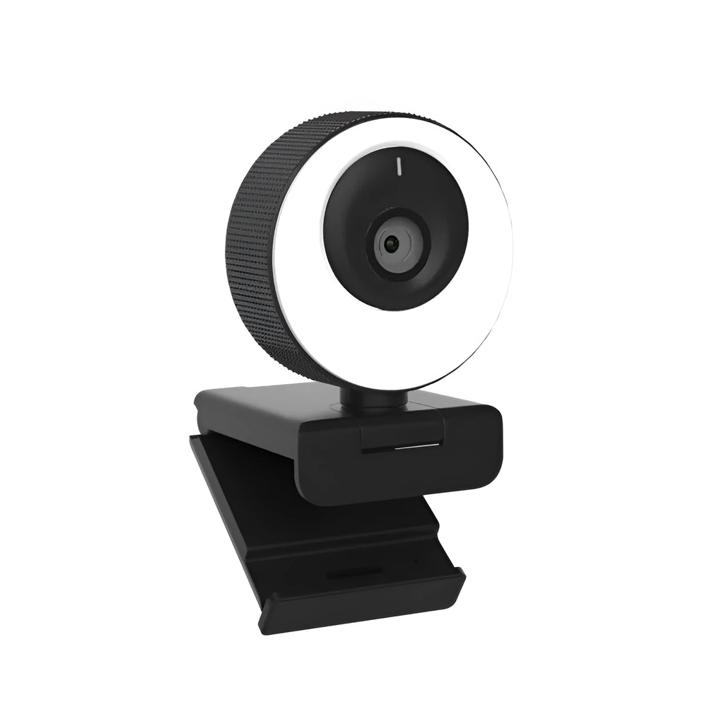 Black USB webcam with a magnetic privacy cover on a laptop, showing its compact ABS design.