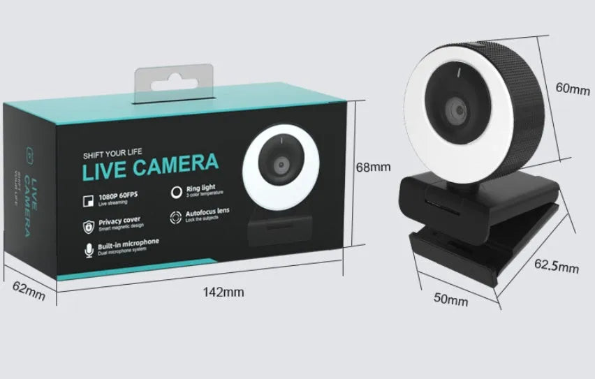 Black USB webcam with a magnetic privacy cover on a laptop, showing its compact ABS design.