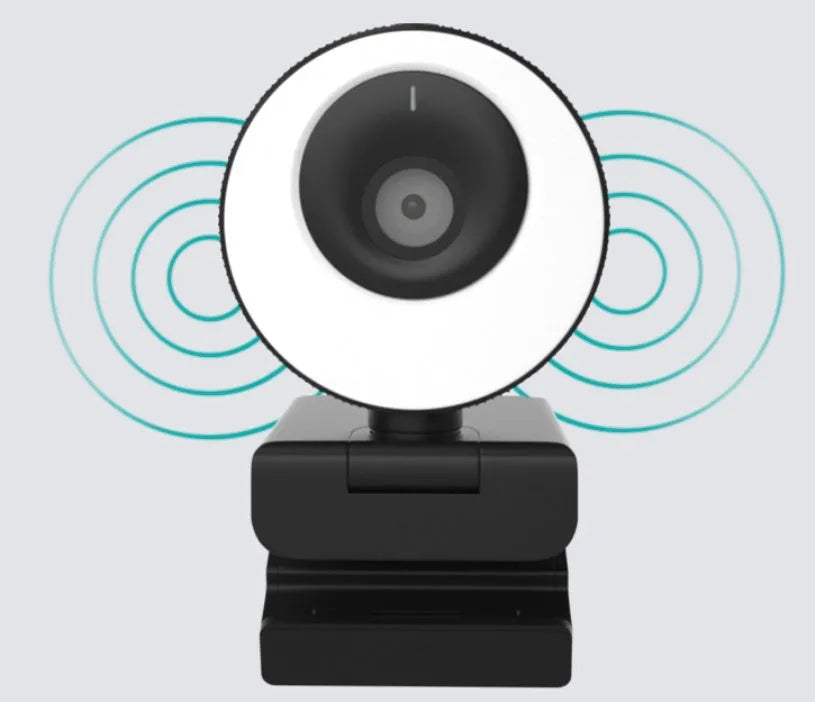 Black USB webcam with a magnetic privacy cover on a laptop, showing its compact ABS design.