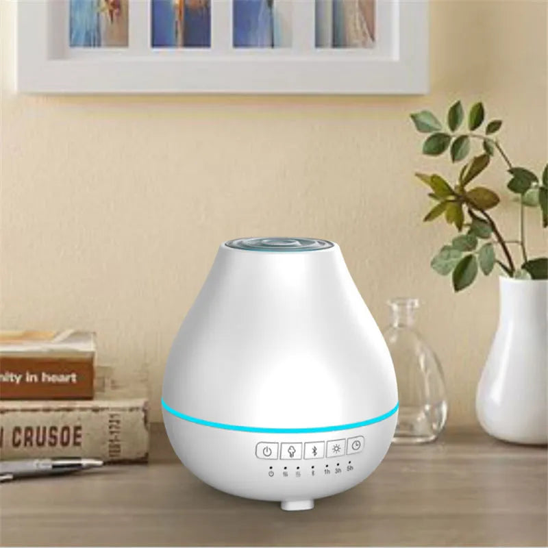 White circular Bluetooth humidifier aroma diffuser with essential oil fragrance function