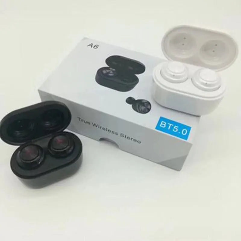Black and white A6 TWS Bluetooth 5.0 wireless noise cancelling earbuds