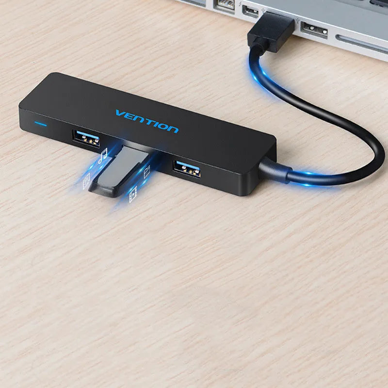 Black four-port USB 3.0 hub splitter with 0.15 metre cable and nickel-plated connectors