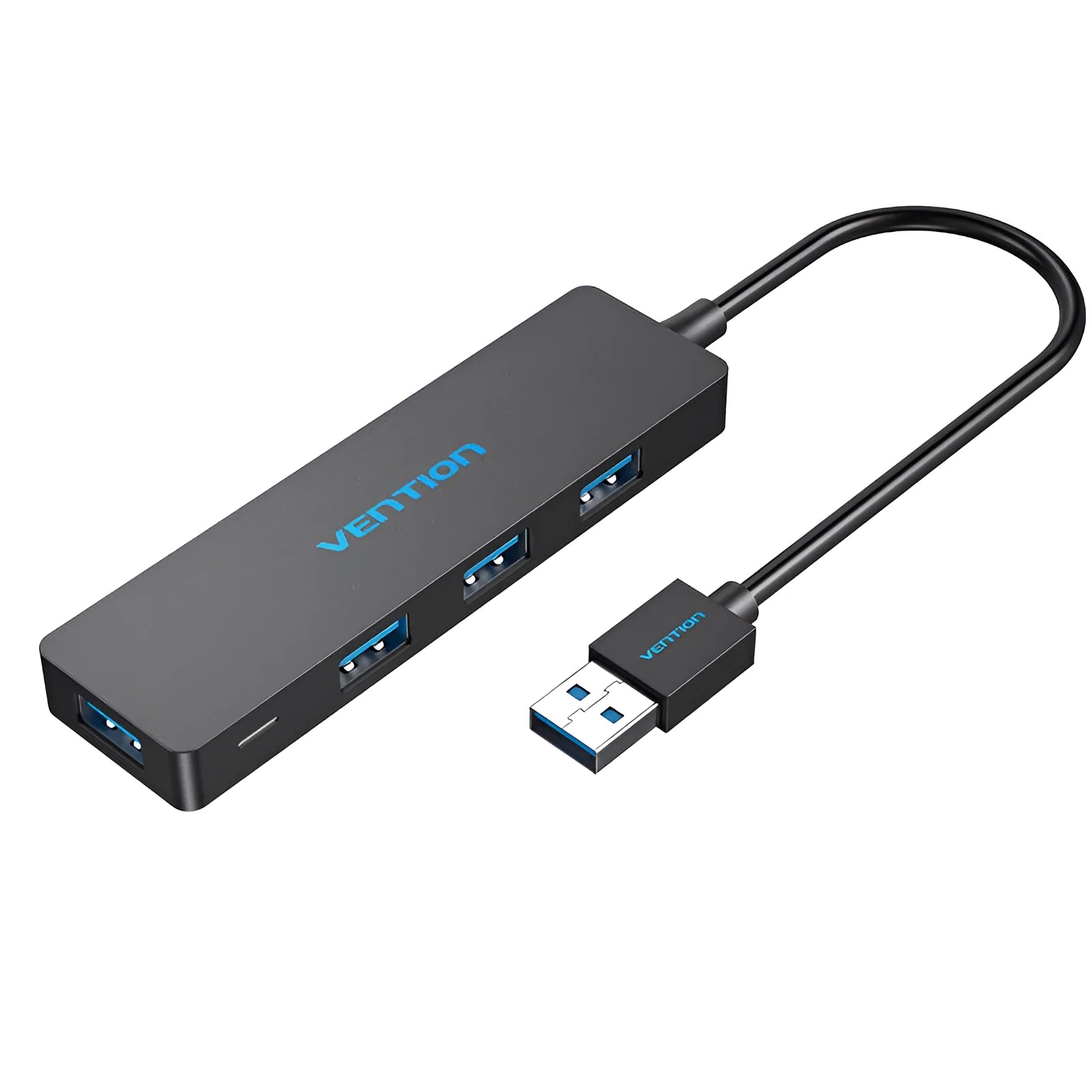 Black four-port USB 3.0 hub splitter with 0.15 metre cable and nickel-plated connectors