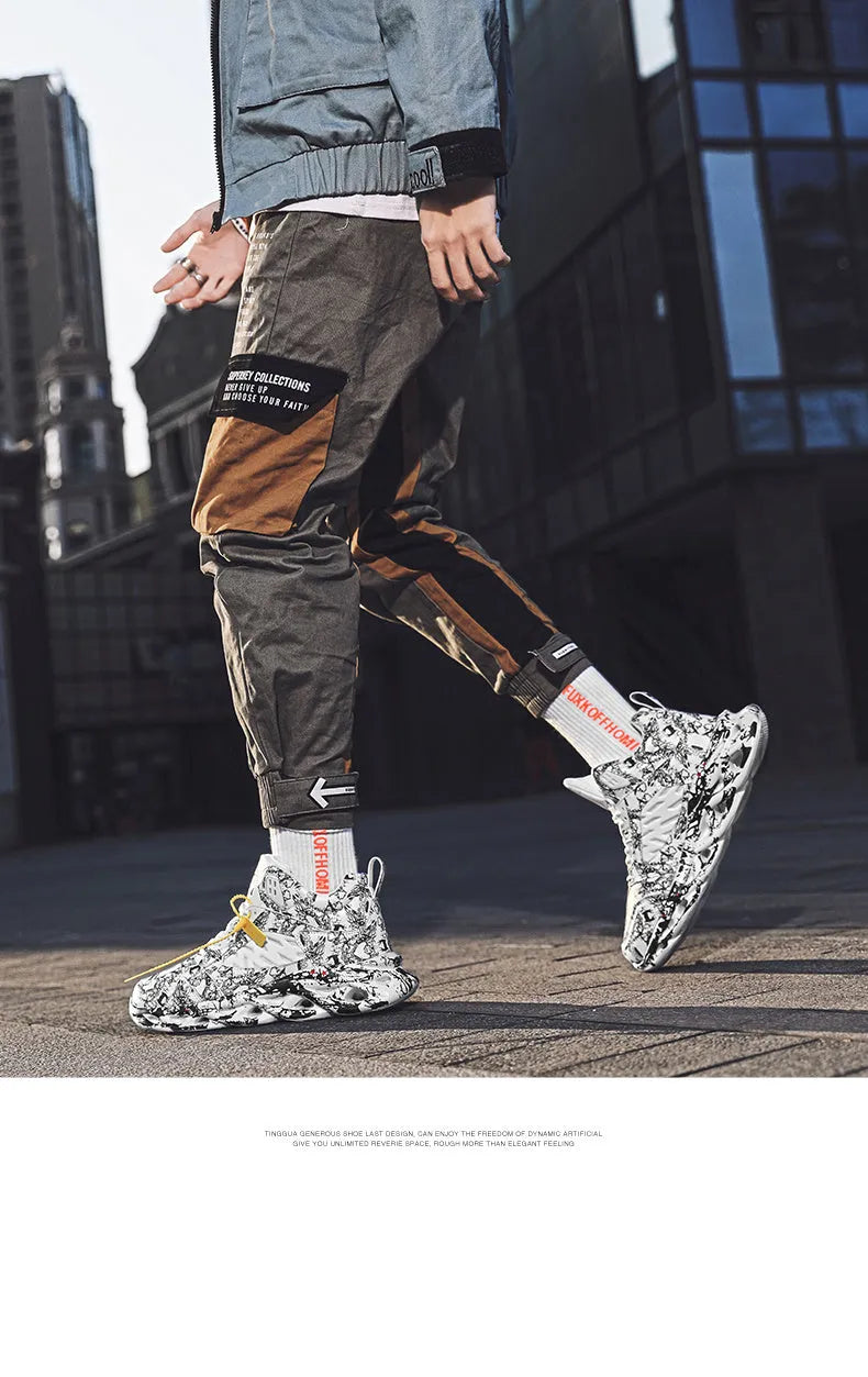 Men's high-top basketball shoes with camouflage pattern and rubber sole