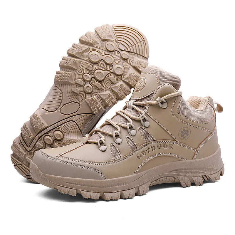 Men's military hiking boots in black with PU upper, rubber sole, low-tube design, and car suture detailing