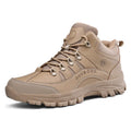 Men's military hiking boots in black with PU upper, rubber sole, low-tube design, and car suture detailing