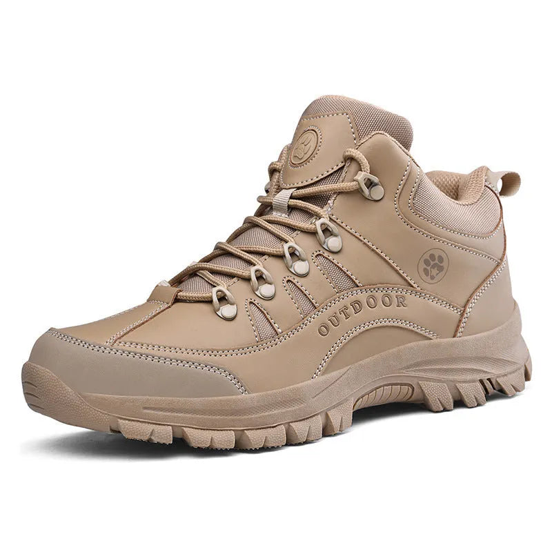 Men's military hiking boots in black with PU upper, rubber sole, low-tube design, and car suture detailing