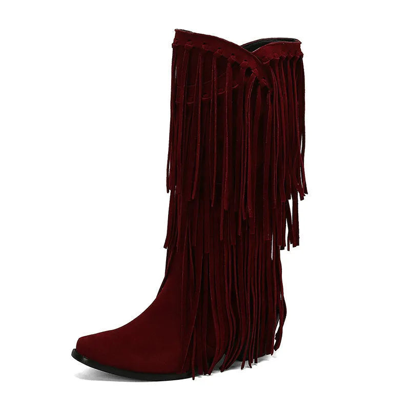 Women's beige suede mid-calf boots with a chunky heel, tassel detail, and square toe