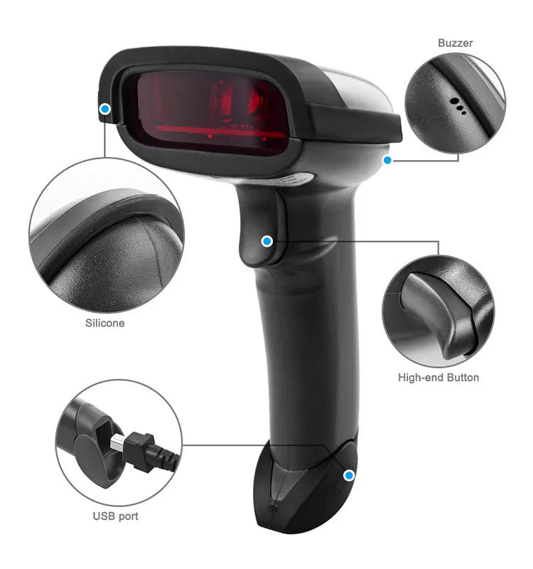 Black wireless handheld barcode scanner with USB charging port