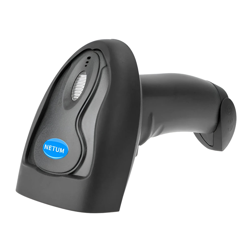 Black wireless handheld barcode scanner with USB charging port