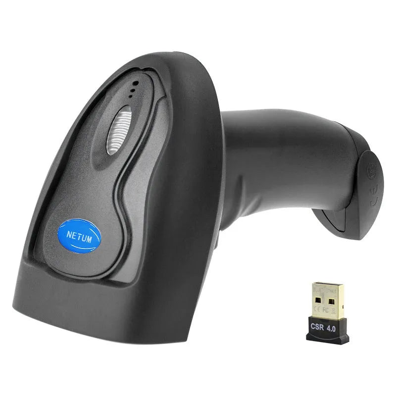 Black wireless handheld barcode scanner with USB charging port