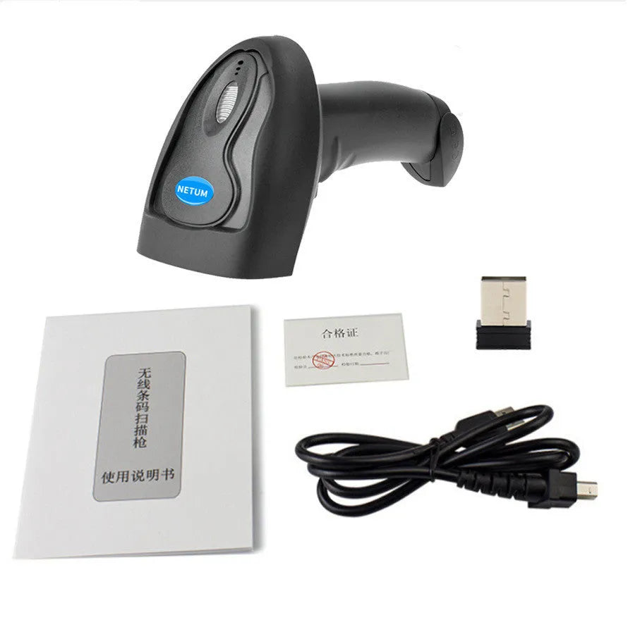 Black wireless handheld barcode scanner with USB charging port
