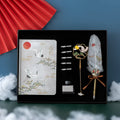 Chinese style feather pen set with notebook, metal sheath, and feathers in four colour themes.