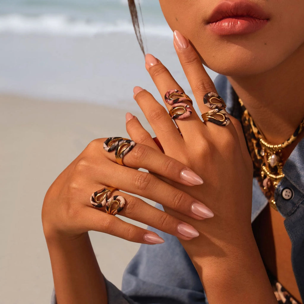Open mouth stainless steel ring with leopard print geometric patterns in heart and star shapes