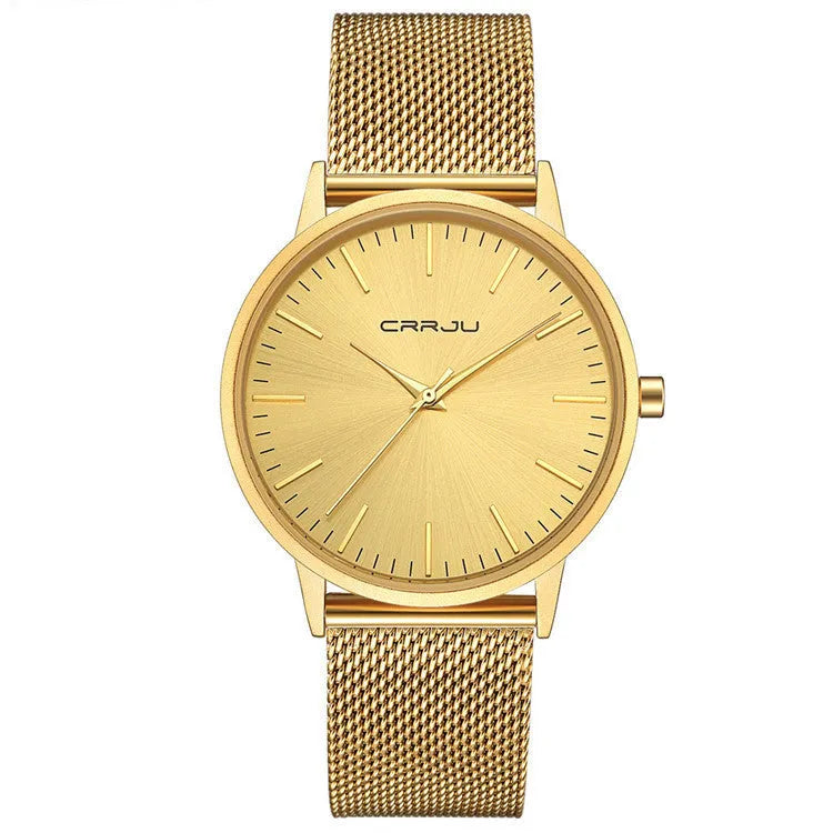 Casual men's and women's quartz watch with alloy case on a black mesh strap, showing a black dial.