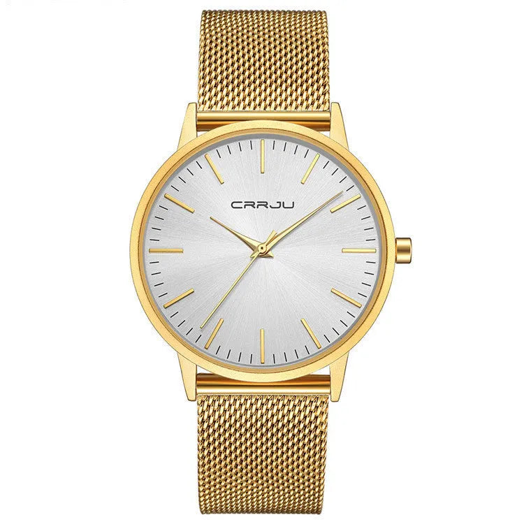 Casual men's and women's quartz watch with alloy case on a black mesh strap, showing a black dial.