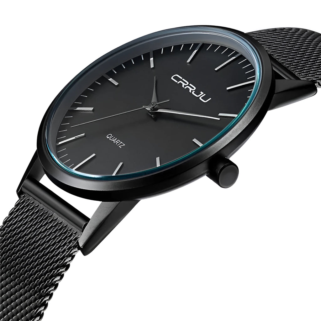 Casual men's and women's quartz watch with alloy case on a black mesh strap, showing a black dial.