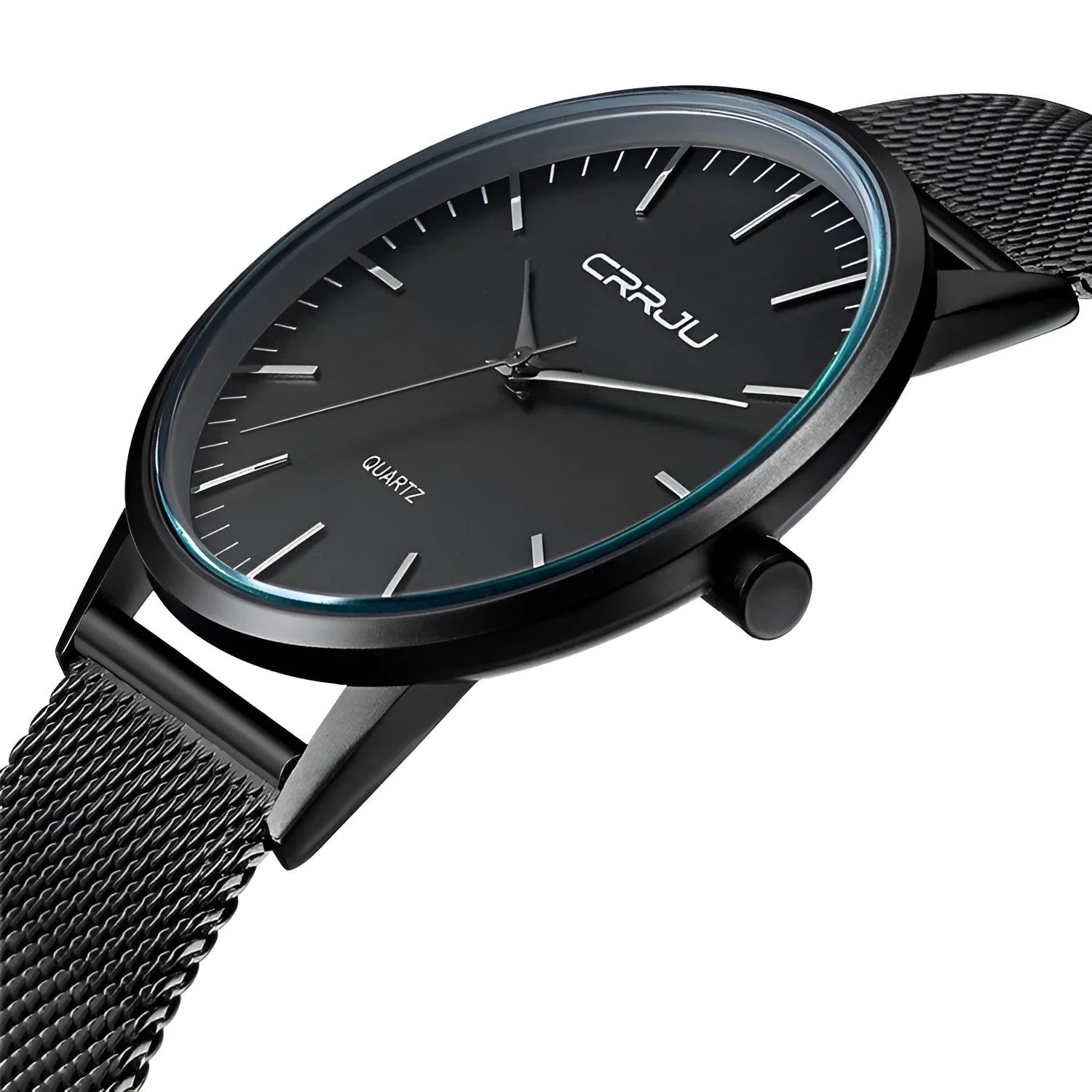 Casual men's and women's quartz watch with alloy case on a black mesh strap, showing a black dial.