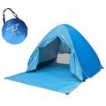 Blue automatic camping tent with curtain set up outdoors showing 165x150x110cm dimensions