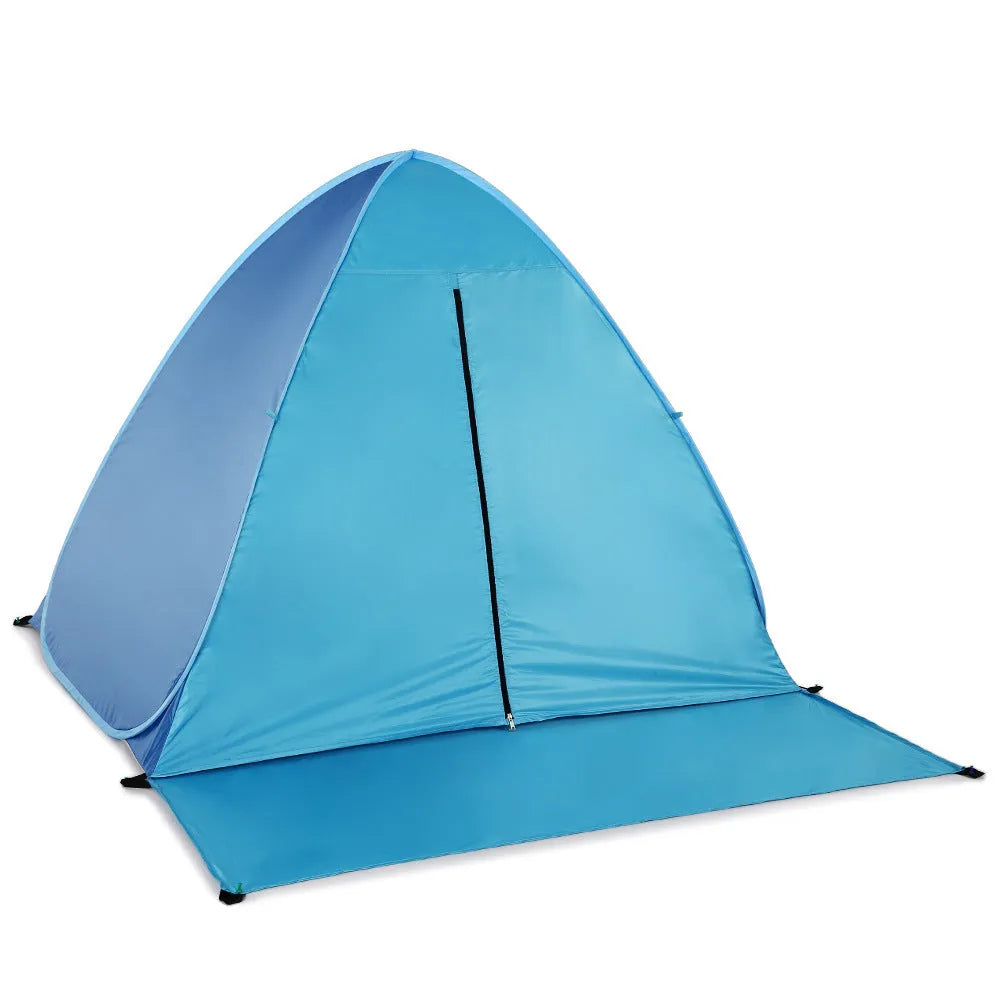 Blue automatic camping tent with curtain set up outdoors showing 165x150x110cm dimensions