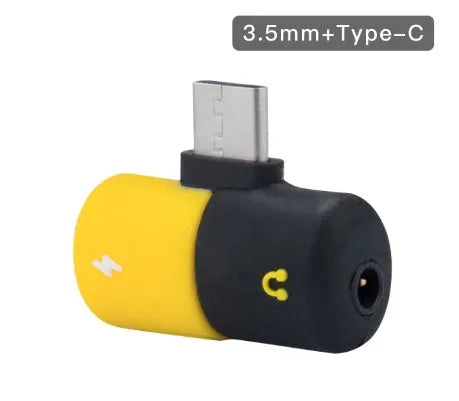 Blue and yellow 2-in-1 charging audio adapter for Huawei and Honor phones with 3.5mm jack