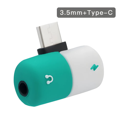 Blue and yellow 2-in-1 charging audio adapter for Huawei and Honor phones with 3.5mm jack
