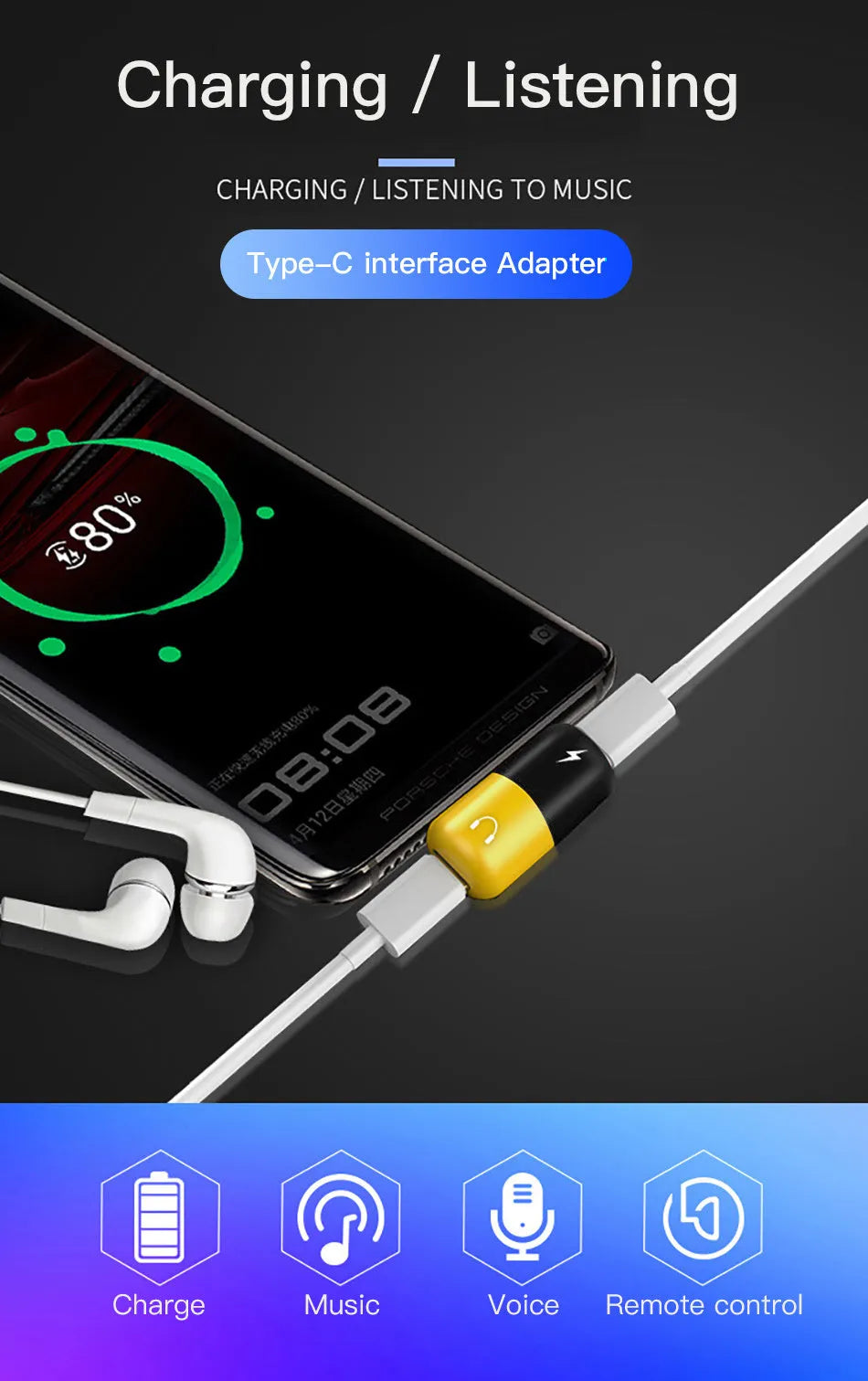 Blue and yellow 2-in-1 charging audio adapter for Huawei and Honor phones with 3.5mm jack