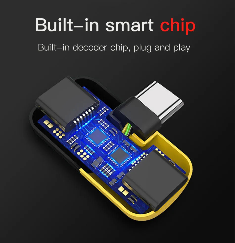 Blue and yellow 2-in-1 charging audio adapter for Huawei and Honor phones with 3.5mm jack