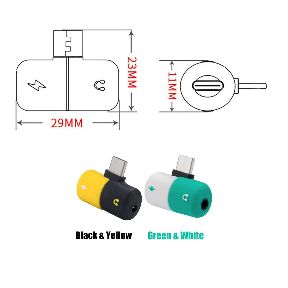 Blue and yellow 2-in-1 charging audio adapter for Huawei and Honor phones with 3.5mm jack