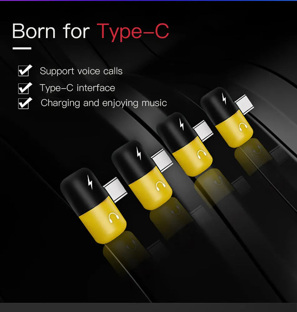 Blue and yellow 2-in-1 charging audio adapter for Huawei and Honor phones with 3.5mm jack