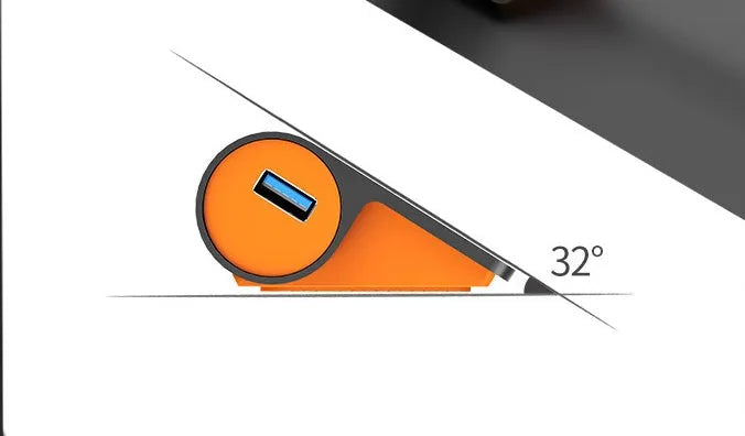 Dark grey aluminium USB-C hub with orange accents showing four USB 3.1 ports and detachable cable