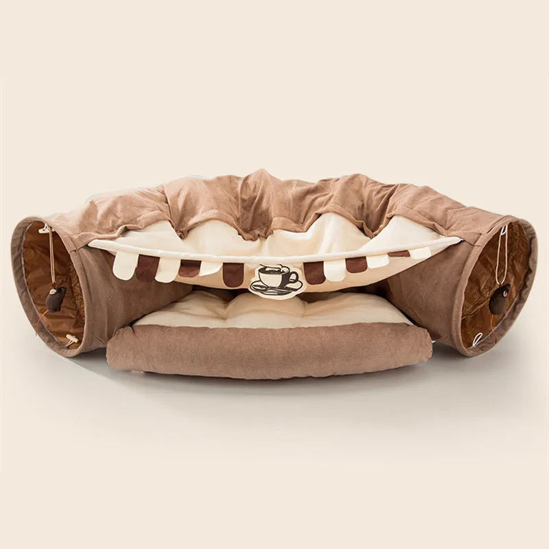 Collapsible cloth cat tunnel in a choice of four colours, shown with dimensions 45cm long by 50cm wide.