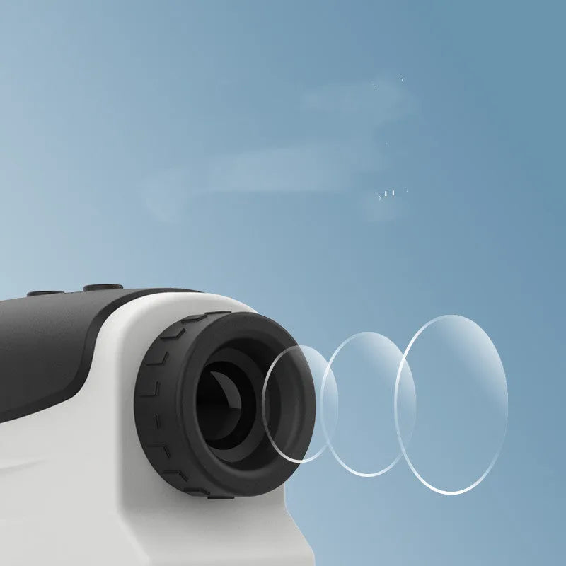 Laser golf range finder showing distance measurement up to 1500 metres for outdoor use.