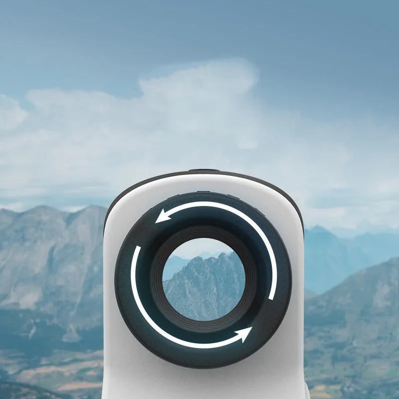 Laser golf range finder showing distance measurement up to 1500 metres for outdoor use.